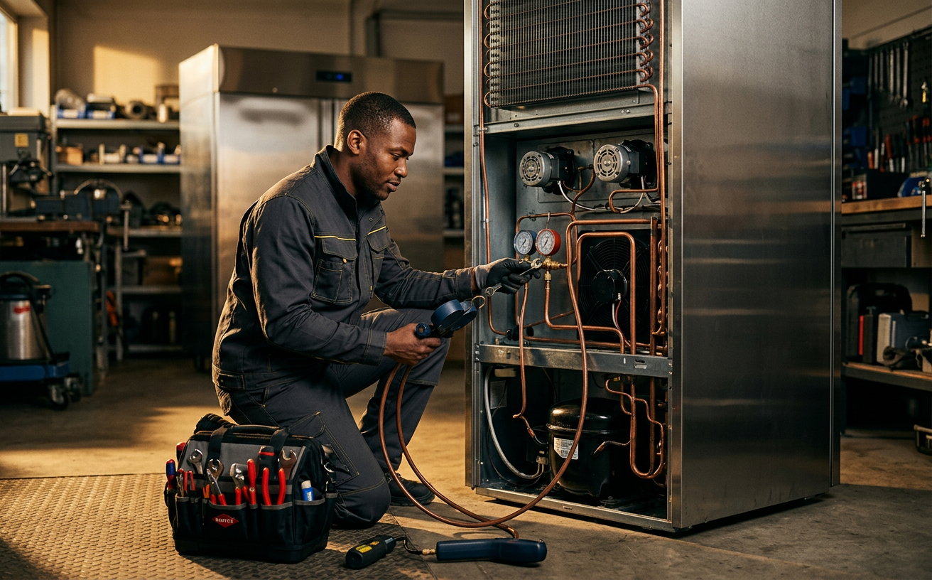 Pioneer technician repairing a commercial refrigerator